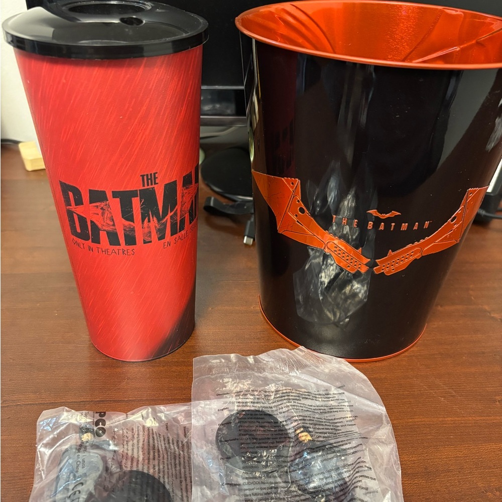 Batman figures and popcorn bucket and cup